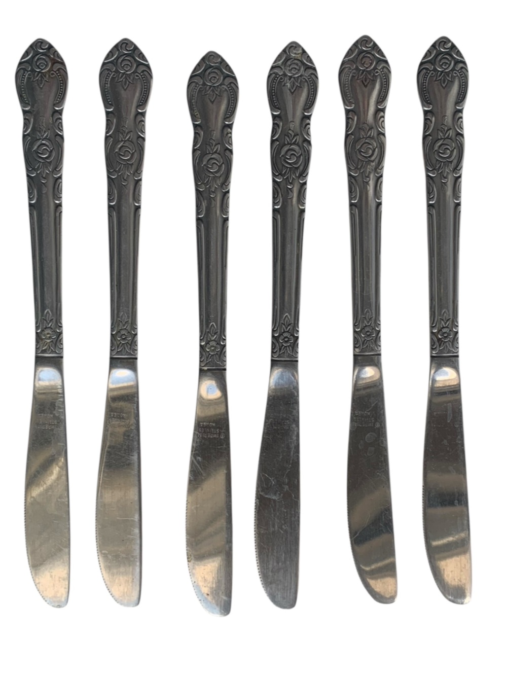 6 IMPERIAL Stainless FLEURETTE Floral Flatware Dinner Knives Butter Knives